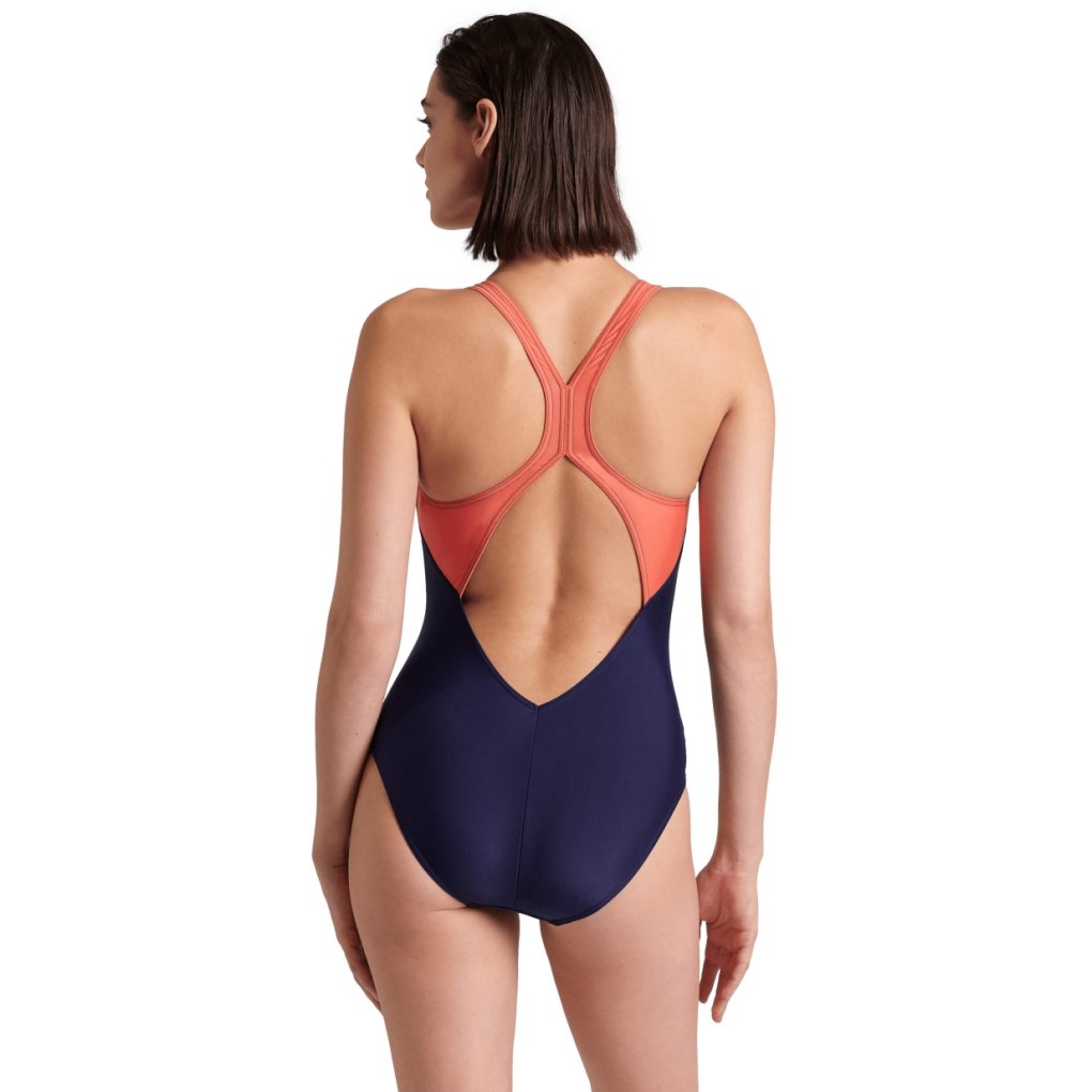 arena Feel Gleam V Back Swimsuit Women - Navy/Calypso Coral