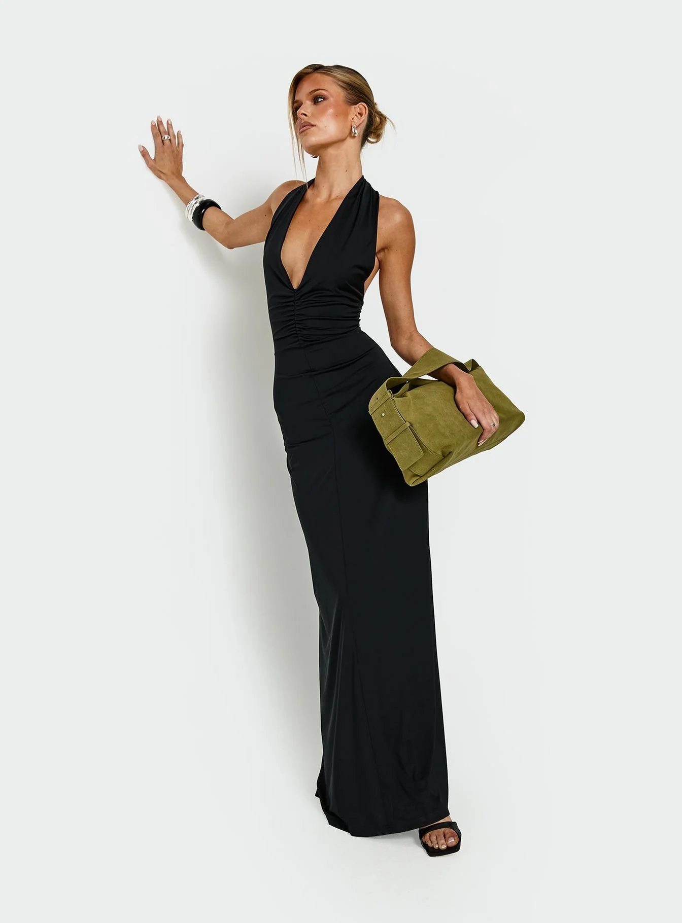 Dreamt Of You Plunge Neck Halter Maxi Dress Black