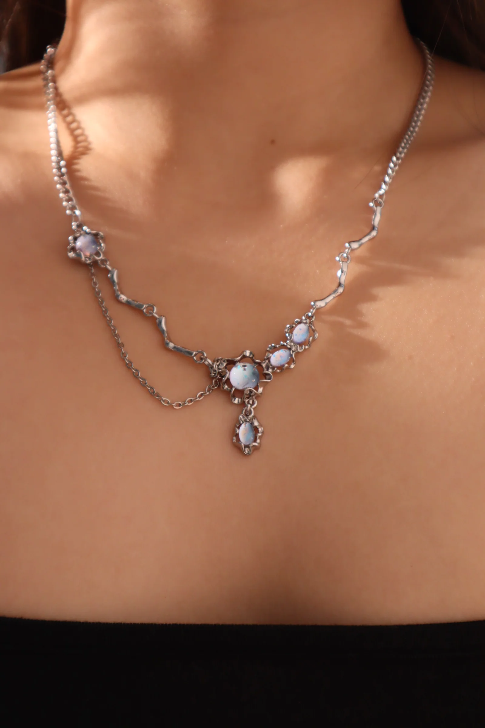 Palladium White Gold Plated Moonstone Dangle Necklace