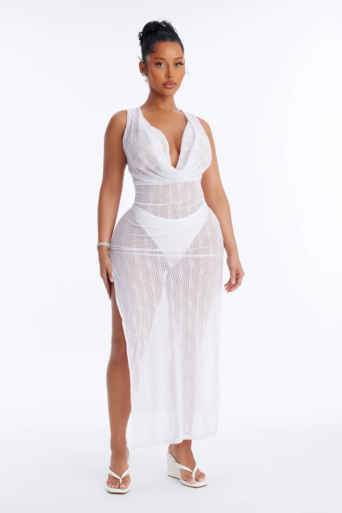 Sunshine Living Mesh Cover Up Cowl Midi Dress - White