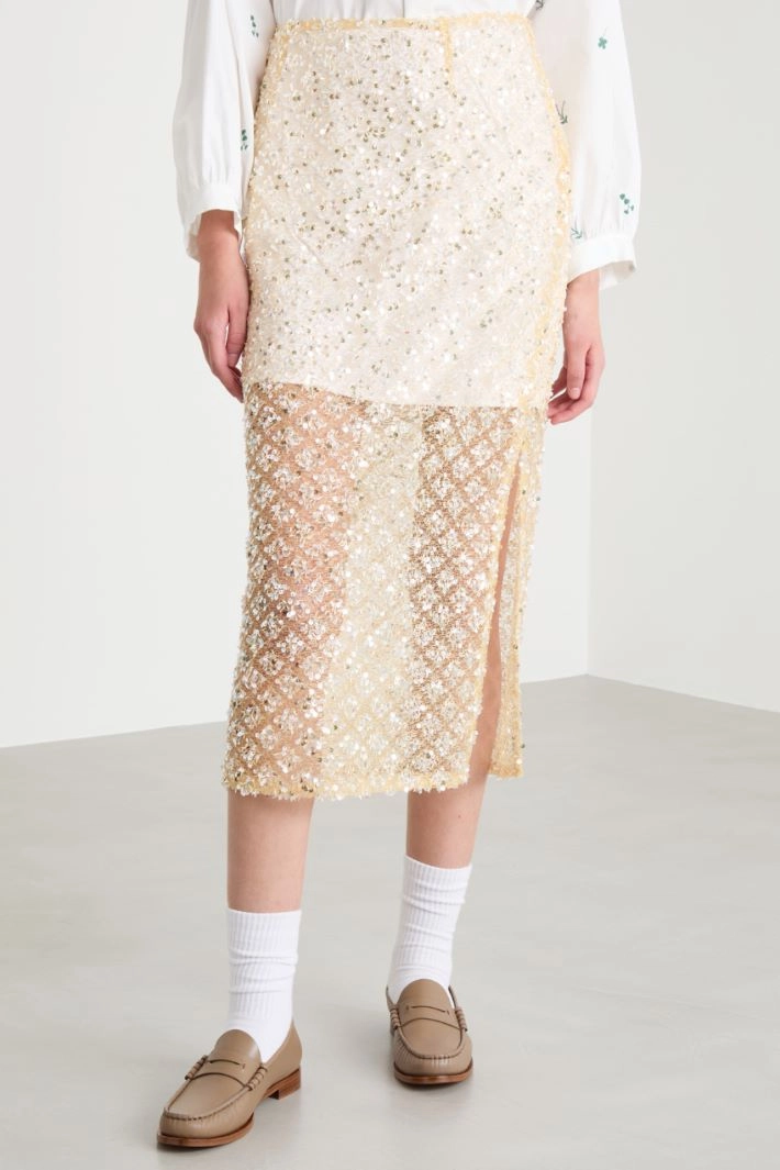 Sequin-embroidered mesh skirt - GOLD