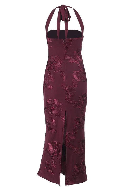 Burgundy Floral Halter Fitted Long Dress