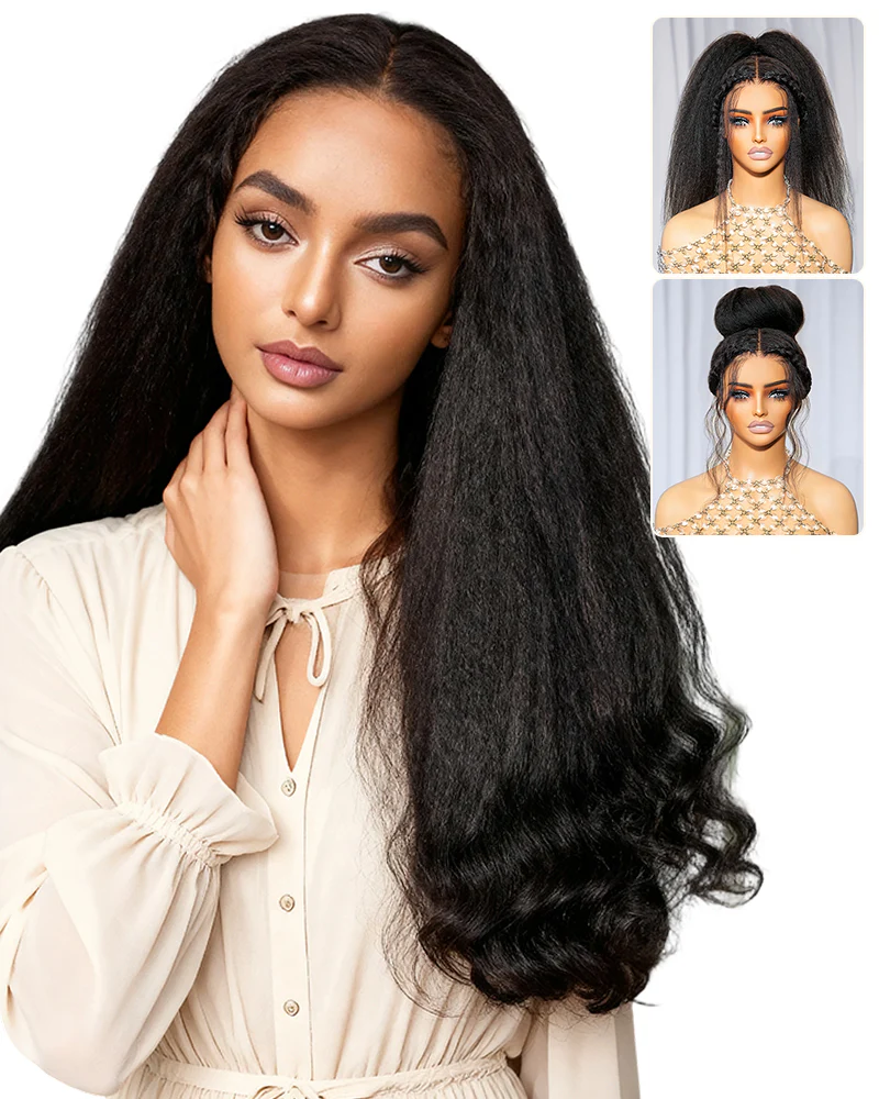 Ophirawig 3D Lace Half Wig Yaki Straight With Finger Coil Ends Wig Natural Black Breathable & Security
