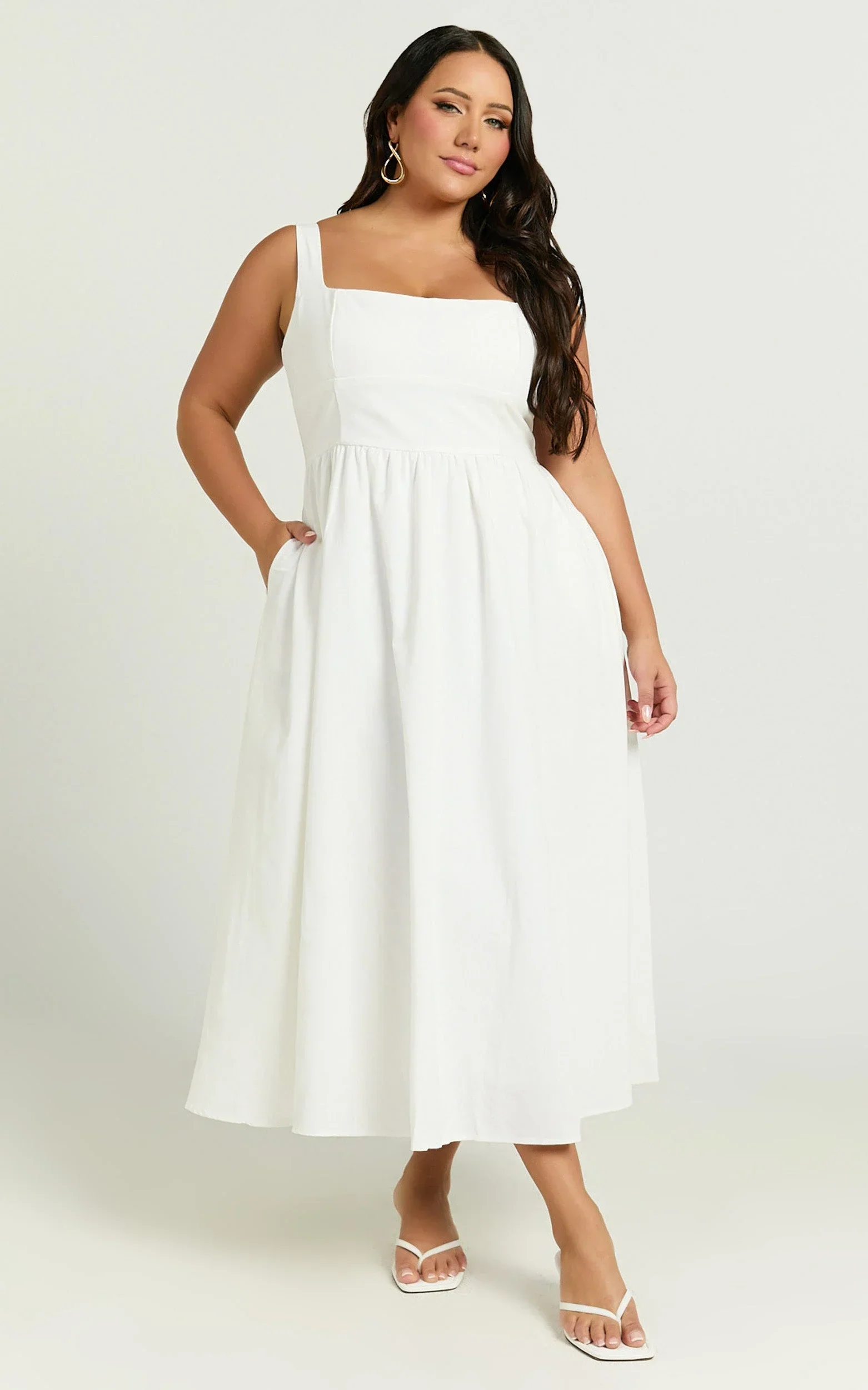 Khari Midi Dress - Linen Look Square A Line Dress in White