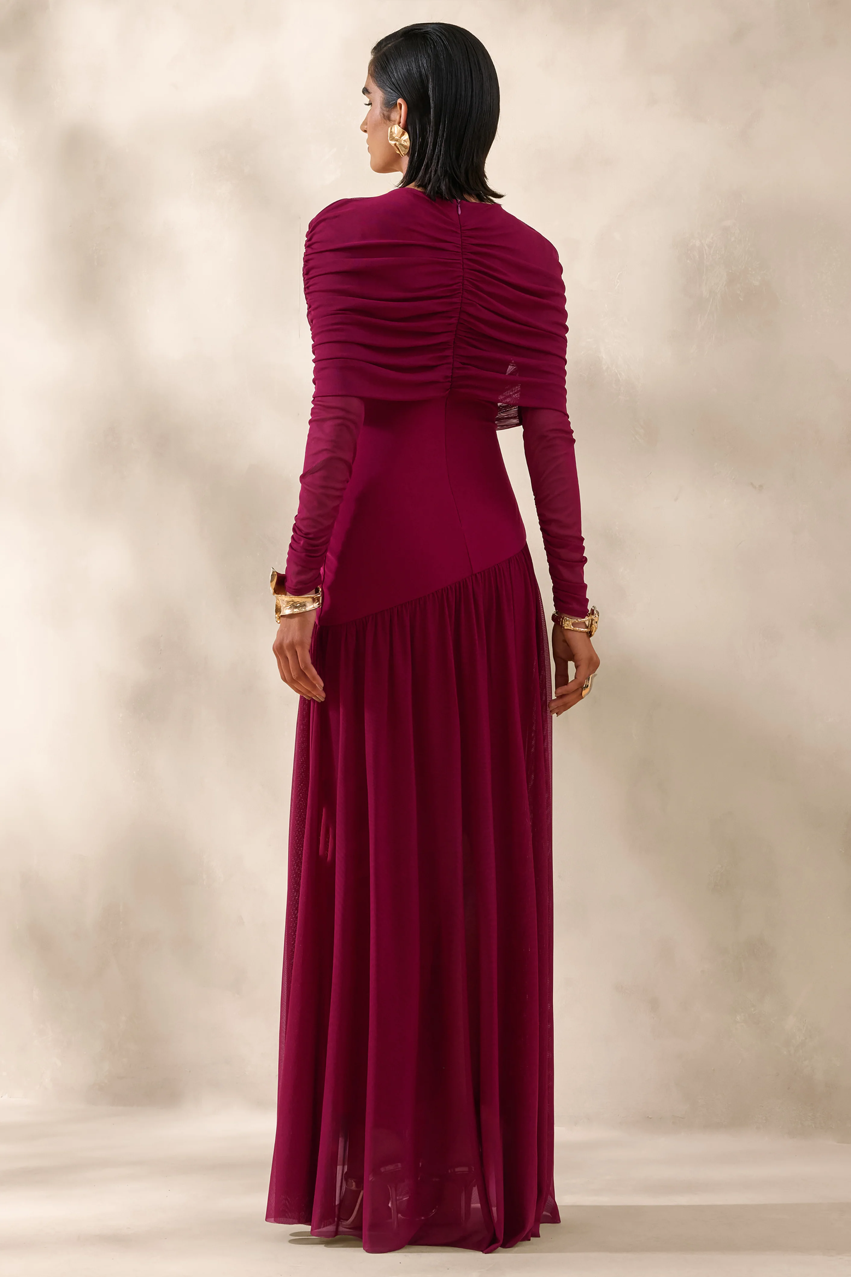 Enalia | Burgundy Mesh High-Neck Maxi Dress With Short-Cape