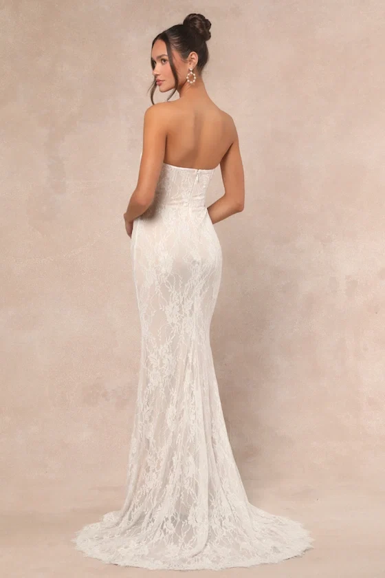 Valeria White Lace Strapless Bustier Maxi Dress