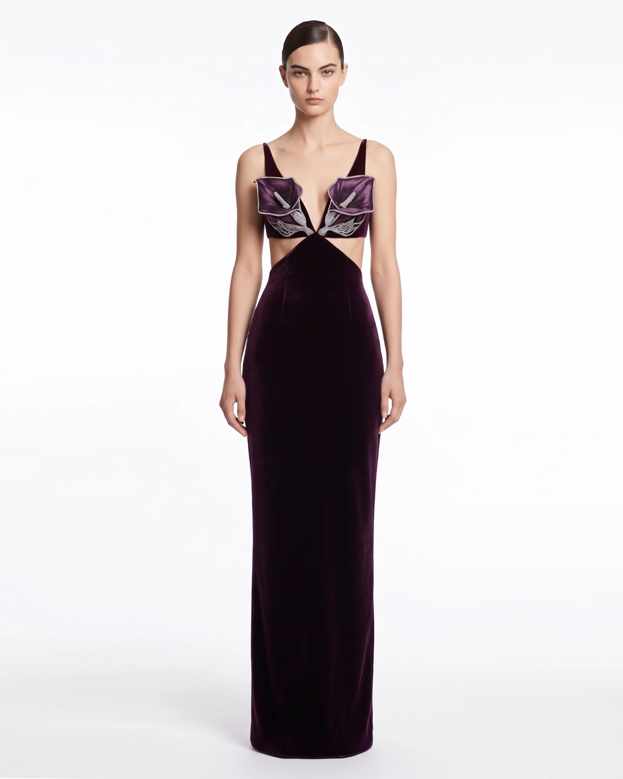 3D Floral Cutout Velvet Maxi Dress - Dark Purple