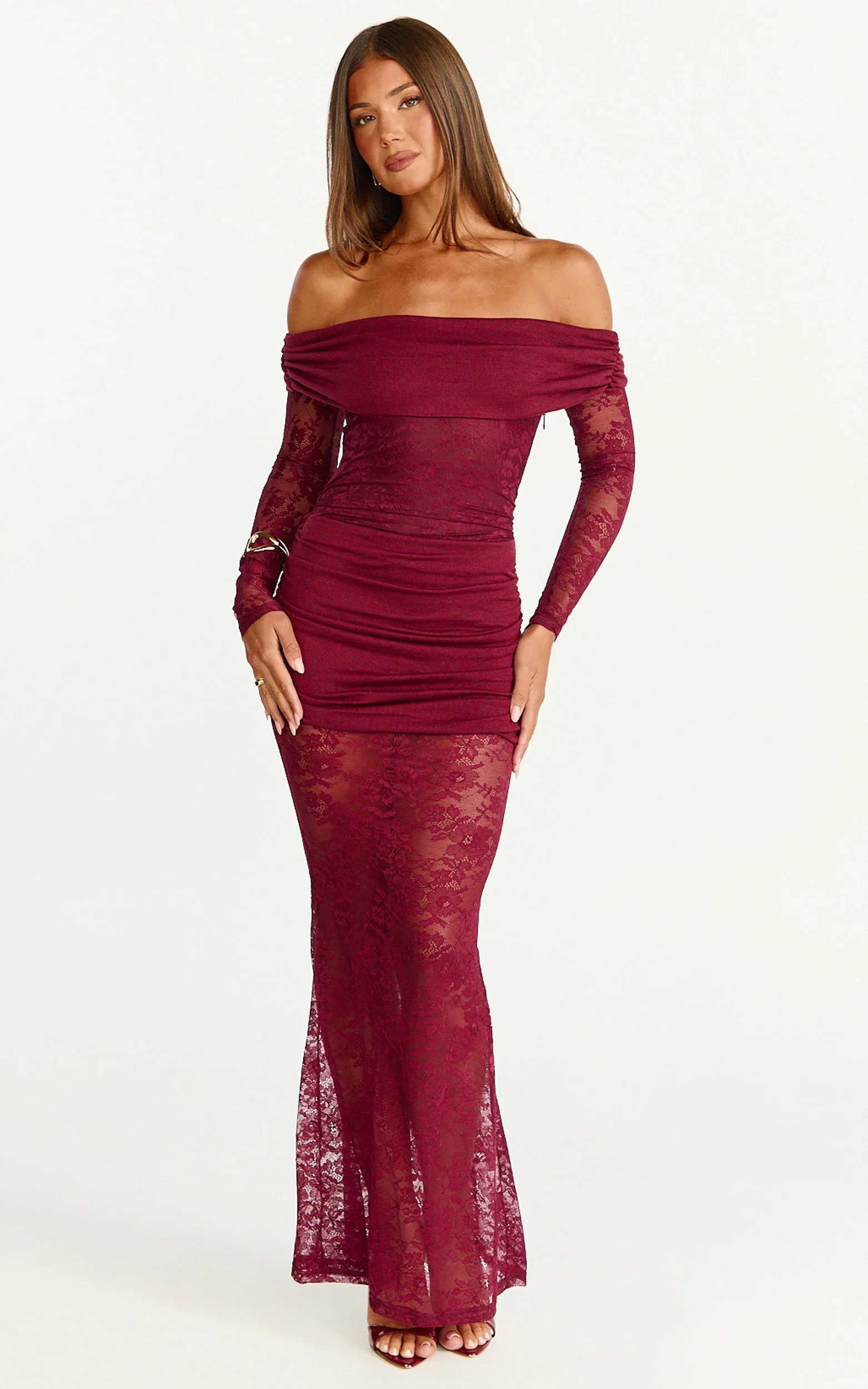 Juliet Maxi Dress - Off Shoulder Long Sleeve Ruched Overlay Lace Dress in Wine