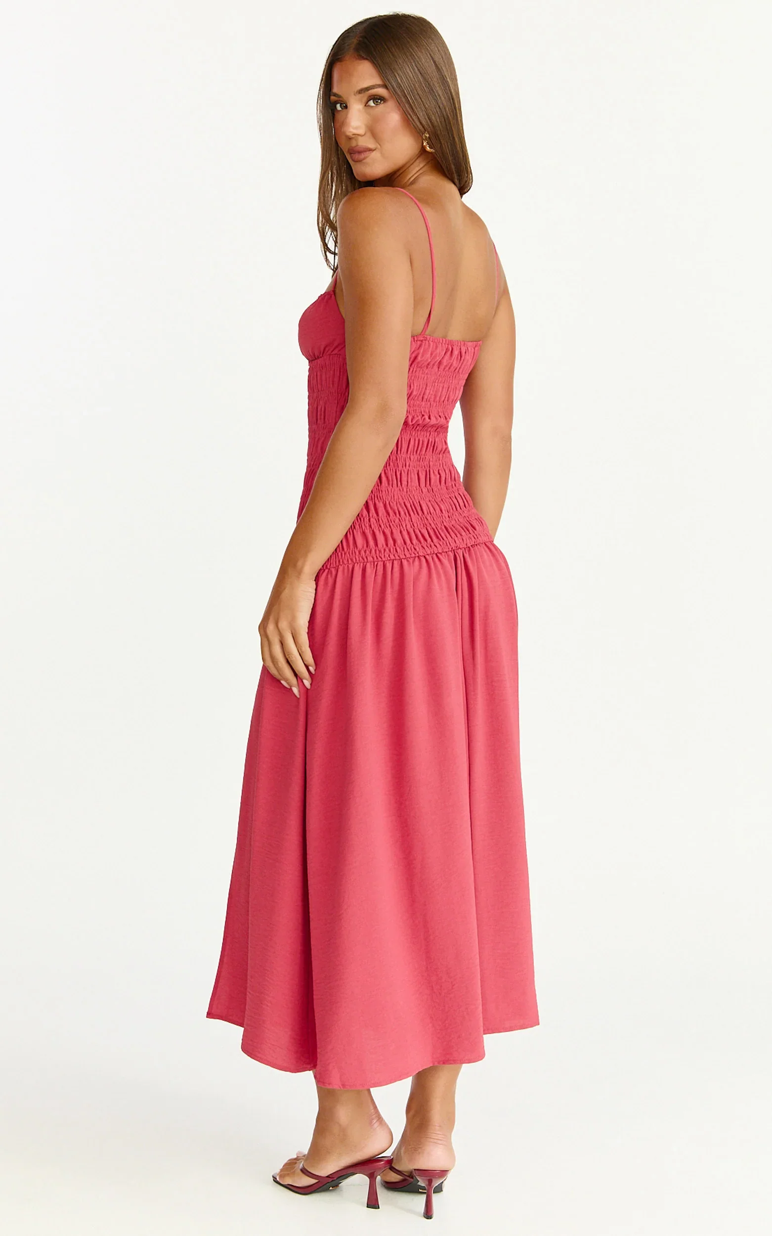 Eloise Midi Dress - Shirred Bodice Split Leg A Line Dress in Rose