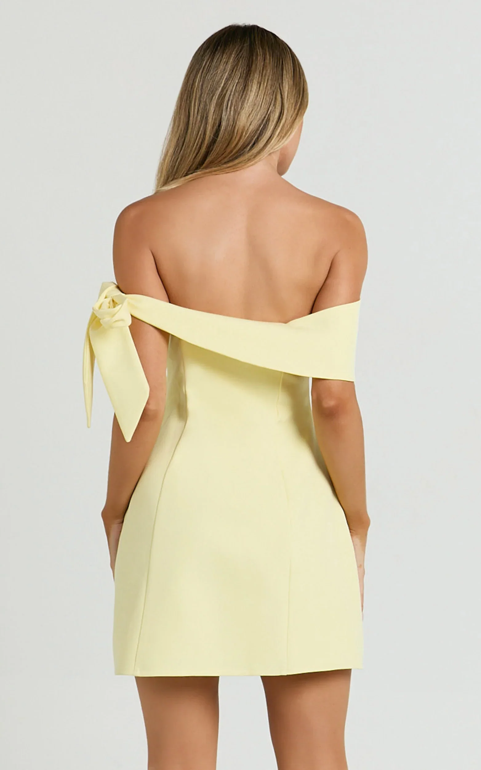 Cecilia Mini Dress - Off Shoulder Tie Detail Dress in Lemon