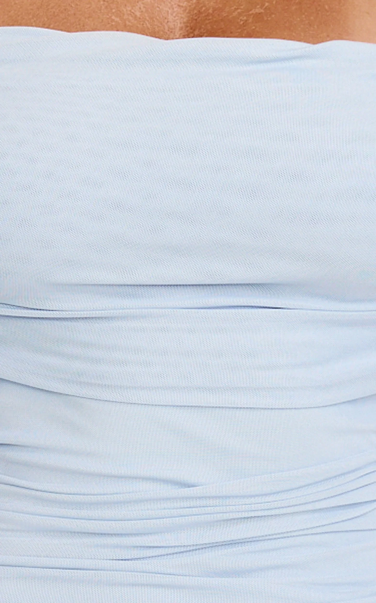 Caterina Maxi - Ruched Off Shoulder Mesh Dress in Pale Blue