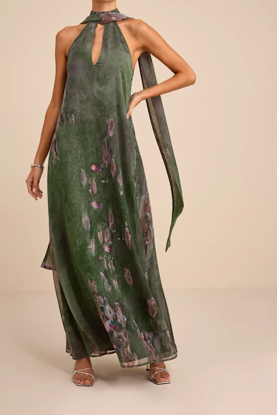 Calixta Green Abstract Chiffon Sash Shift Maxi Dress