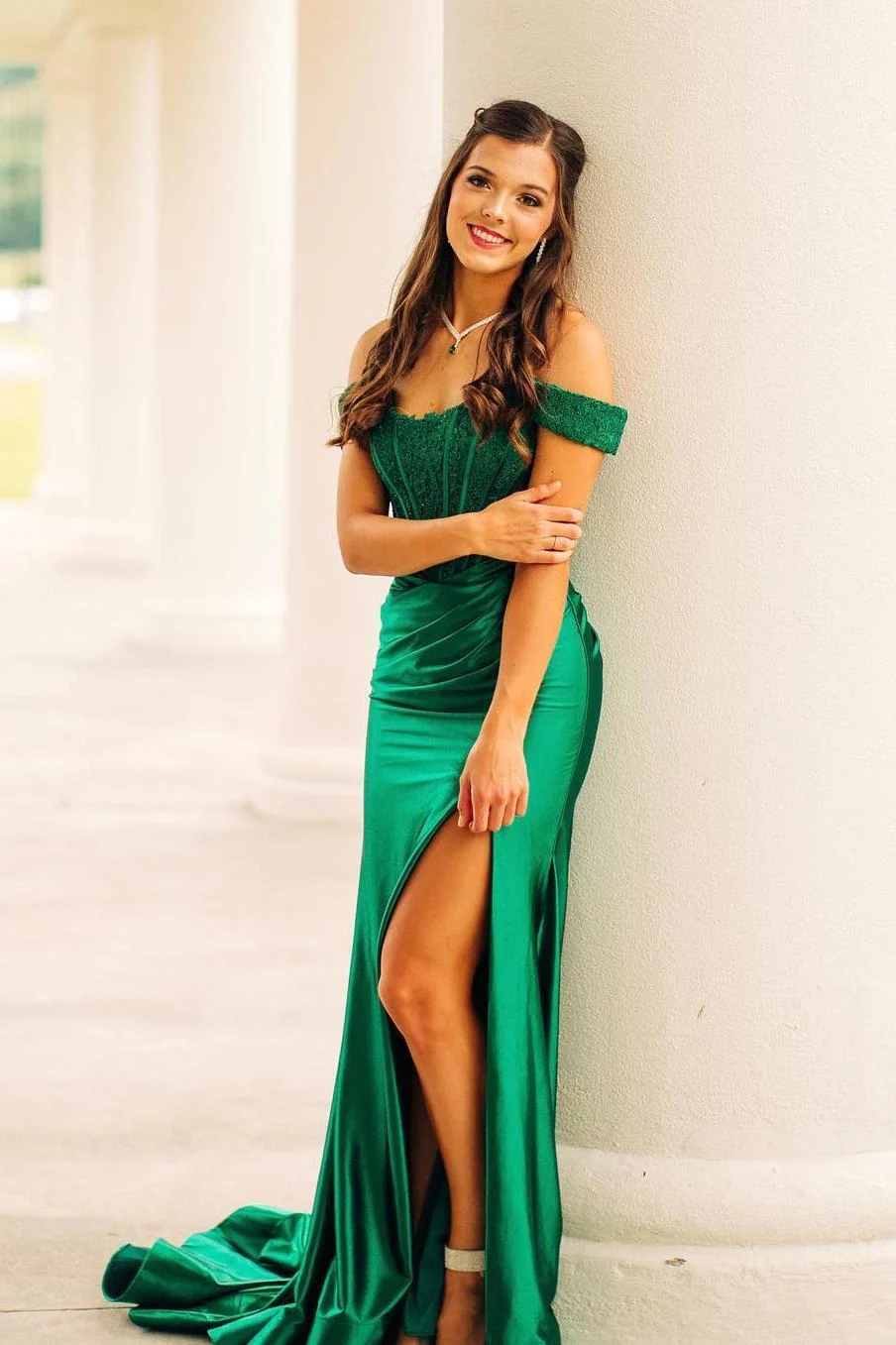Off the Shoulder Green Lace and Mermaid Ruched Long Prom Dress