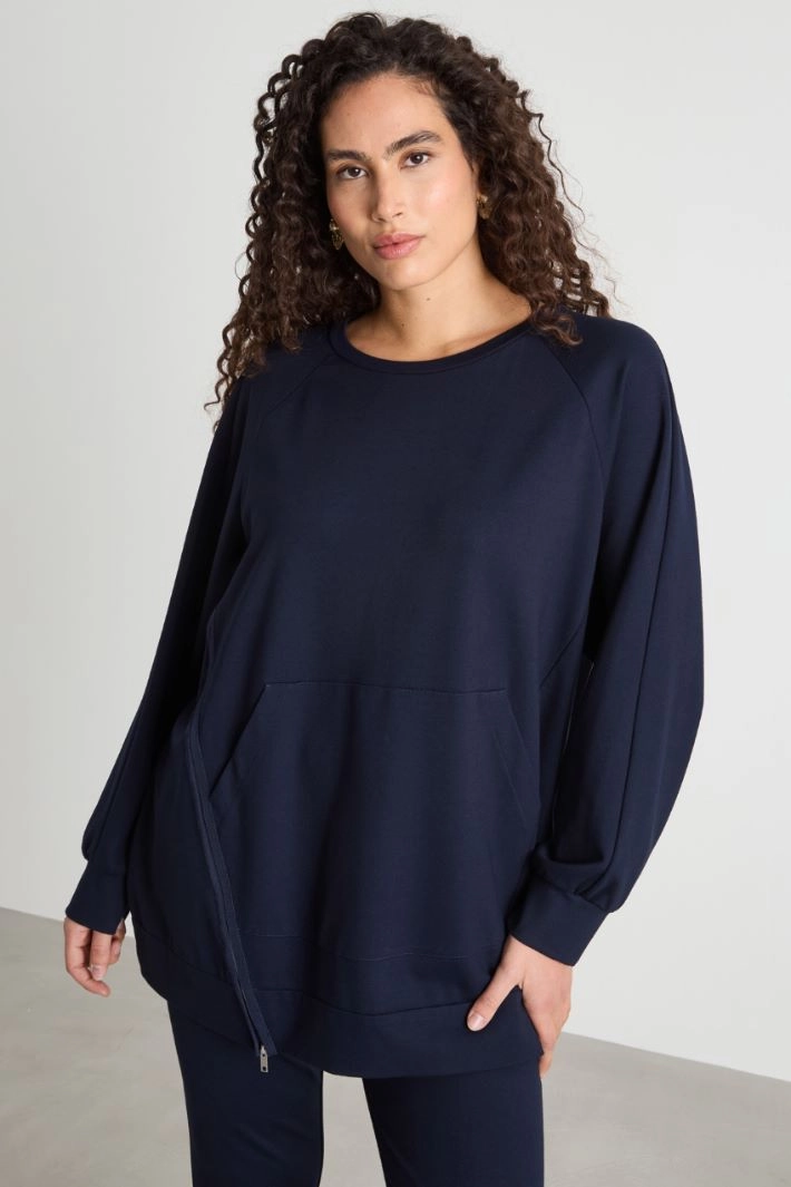 Diagonal-zip jersey sweatshirt - BLUE