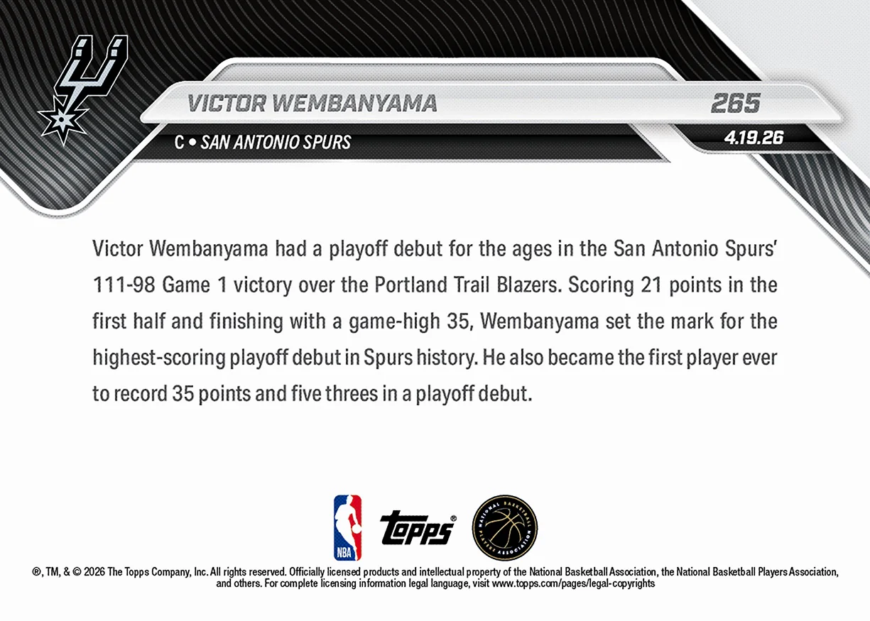 Victor Wembanyama - 2025-26 NBA Topps NOW® - Card 265 - PR: 9692
