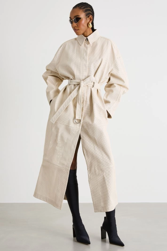 Long perforated nappa leather trench coat - WHITE
