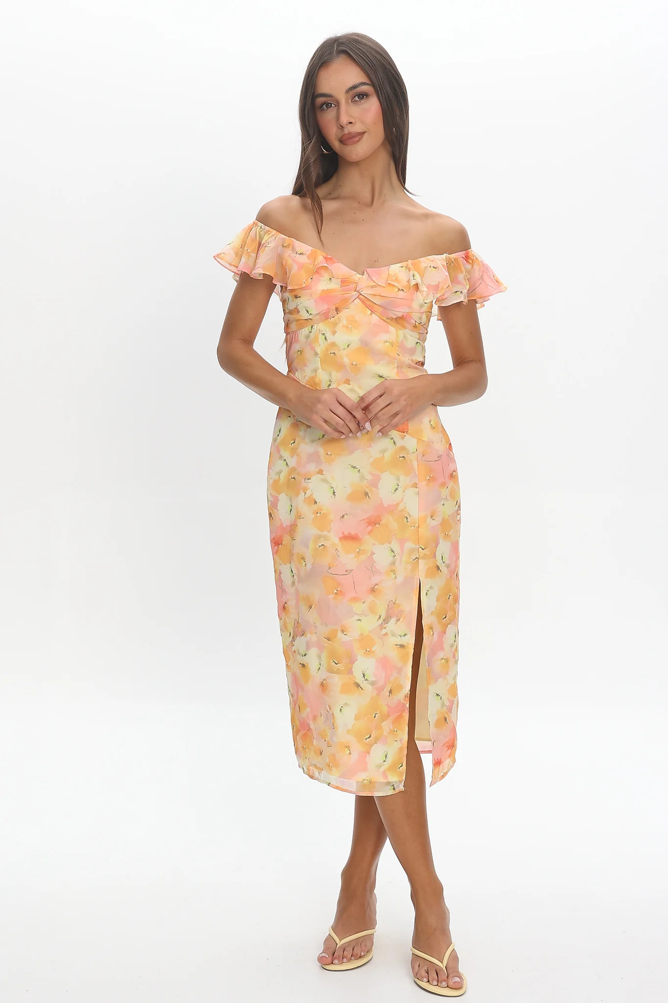 Rozita Off-Shoulder Ruffle Trim Midi Dress Floral Yellow
