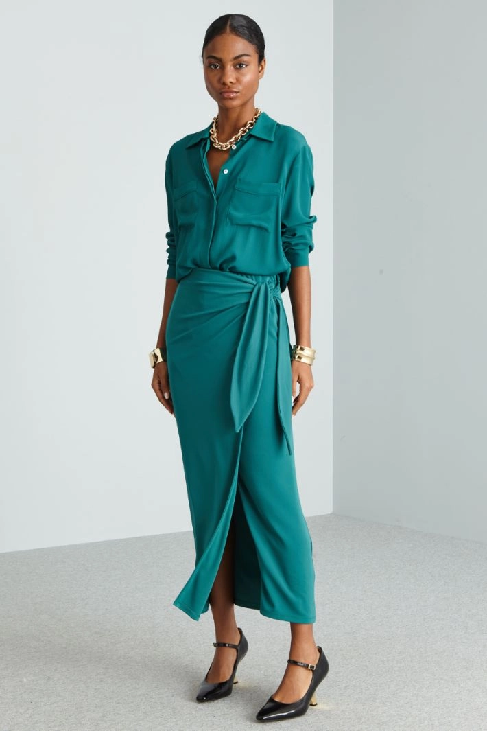 Knot-embellished wrap jersey skirt - PETROL GREEN