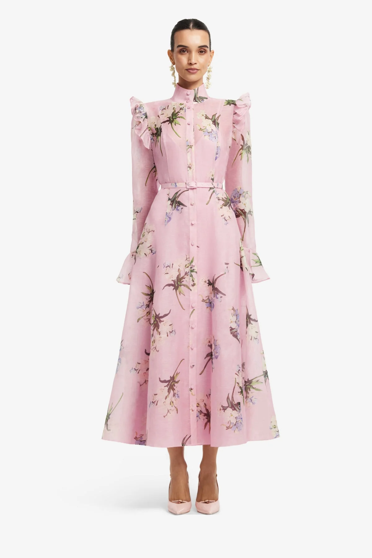 Katrina Butterfly Sleeve Midi Dress - Bouquet Print in Pastel Pink