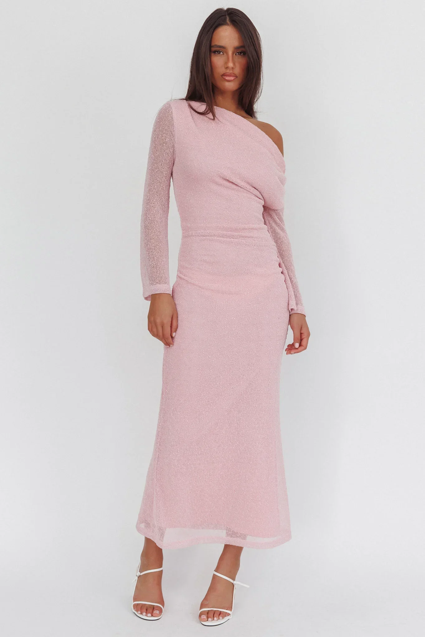 Alivya Asymmetric Neckline Knit Maxi Dress Pink