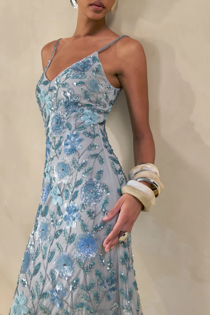 Gemini | Blue Embellished Strappy Maxi Dress