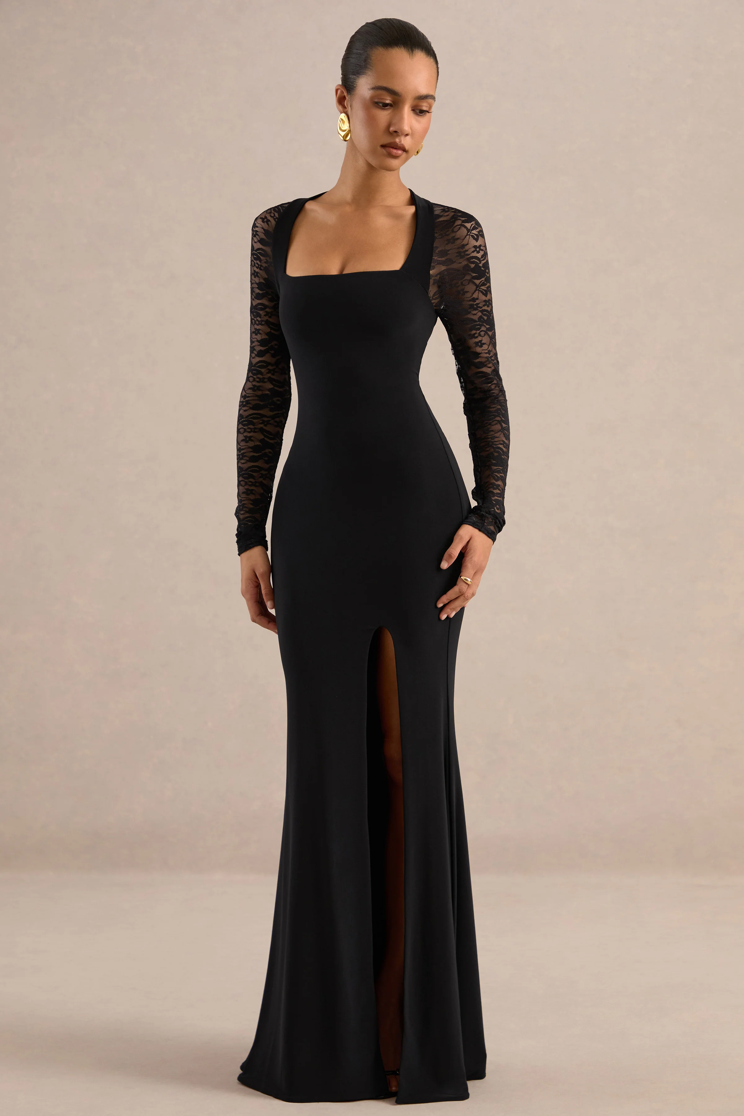 Anessa | Black Jersey Square Neck Maxi Dress With Sheer Lace Sleeves And Split
