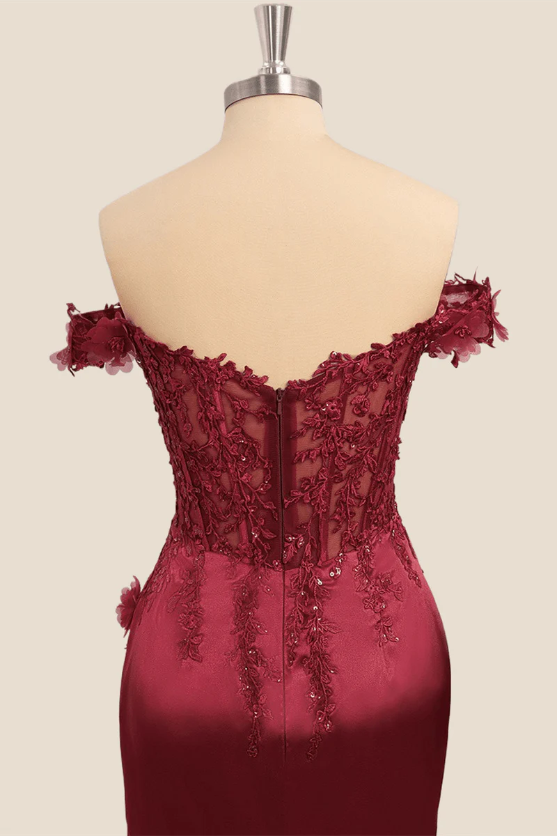 Lace Off the Shoulder Wine Red Satin Mermaid Dress
