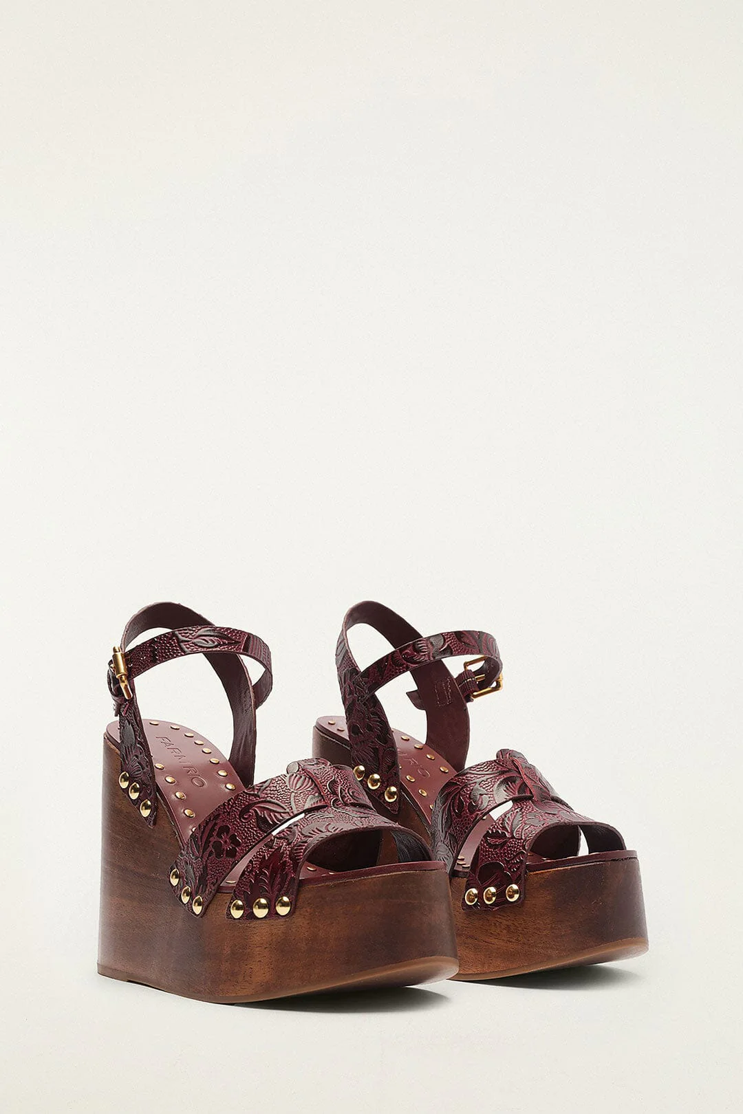 Brown Studded Embossed Wedge Sandal