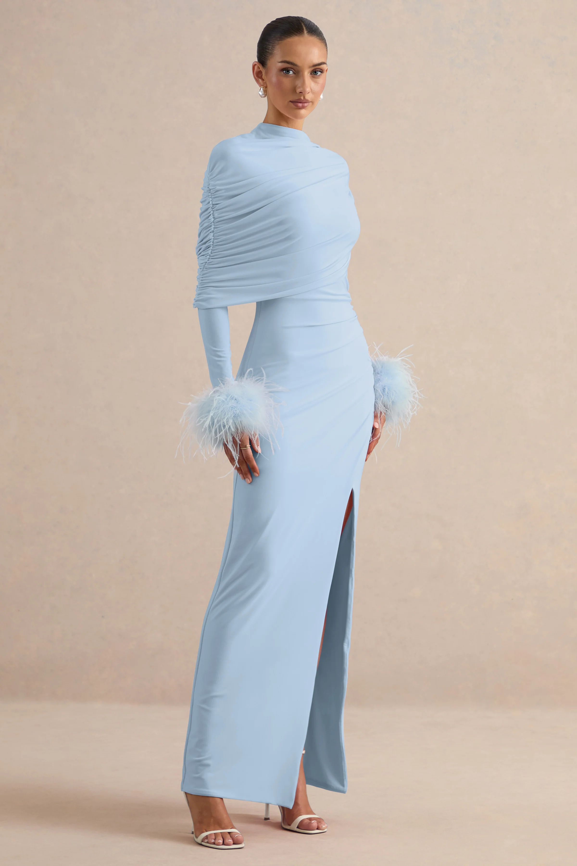 Gatsby | Light Blue High-Neck Maxi Dress With Feather Trim Cuffs