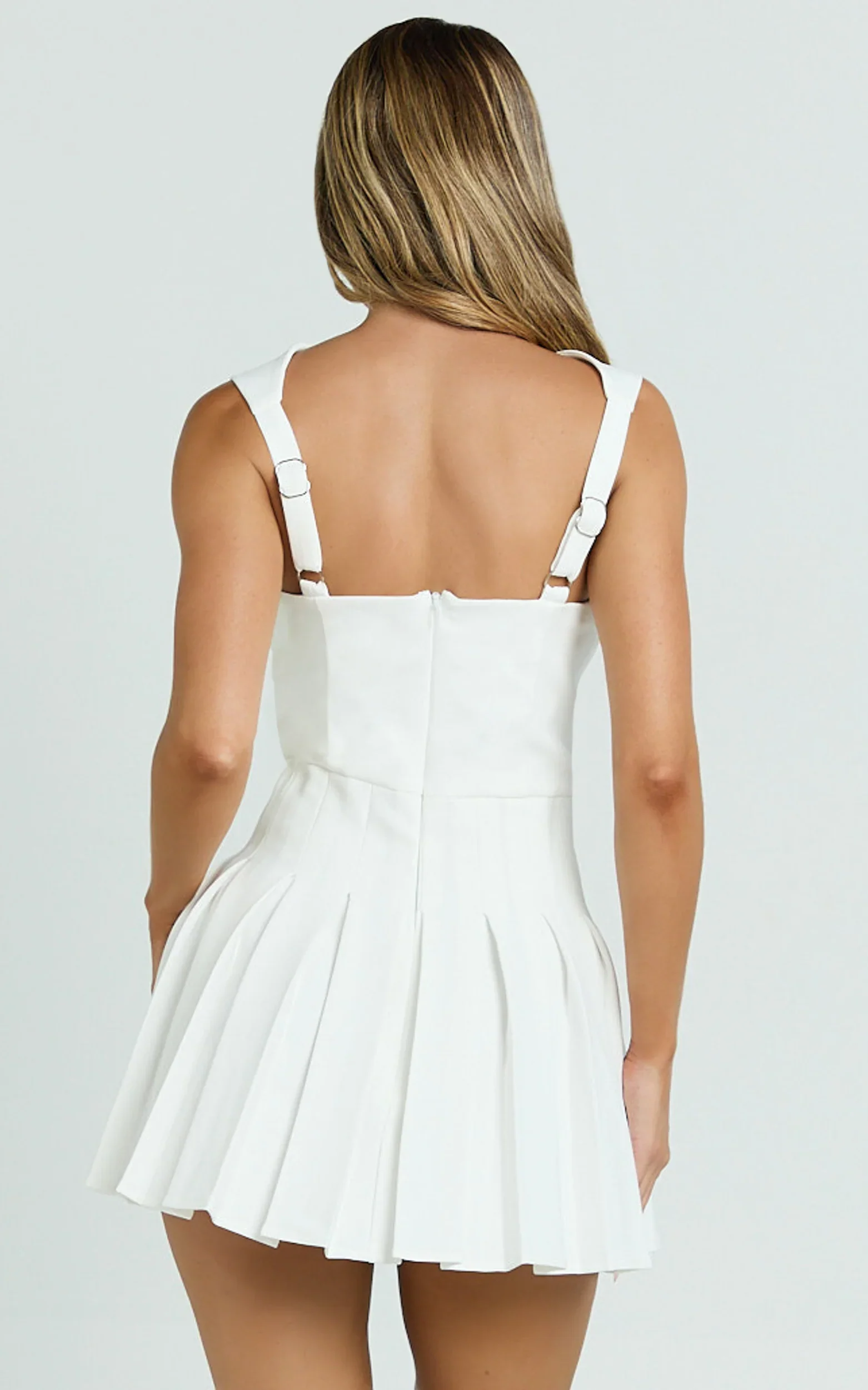 Wallace Mini Dress - Square Neck Wide Strap Drop Waist Pleated Dress in White