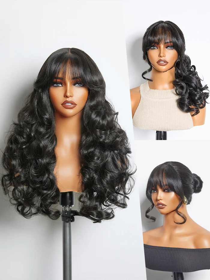 Ophirawig Veralux Blend Human Hair Glueless Straight Layered Cut/Wavy Wig with Bangs Curtain Bang Wig with Realistic Scalp Pre-Cut Lace Wig