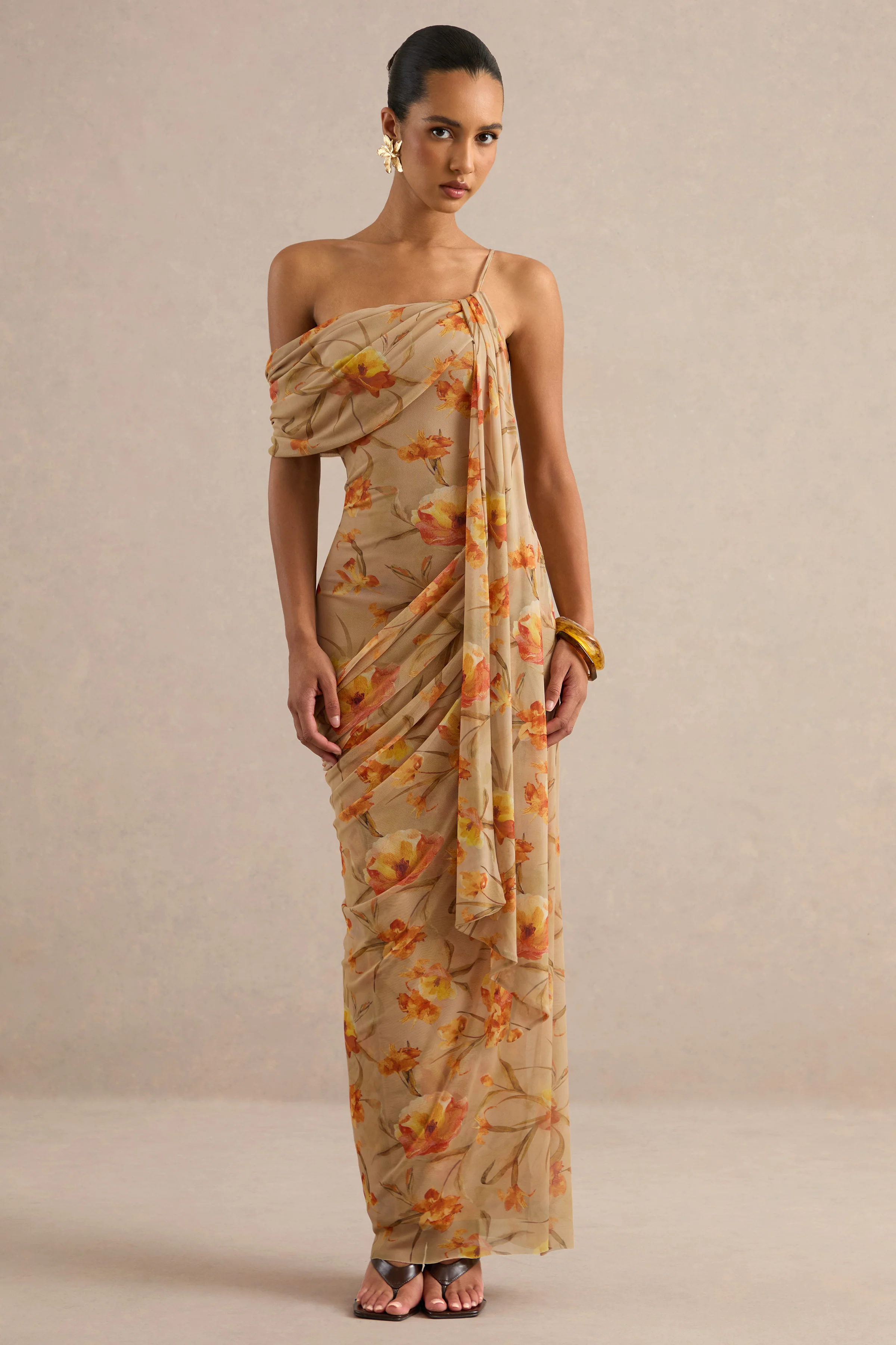 Afton | Orange Floral Mesh Asymmetric-Neck Maxi Dress With Sash Detail