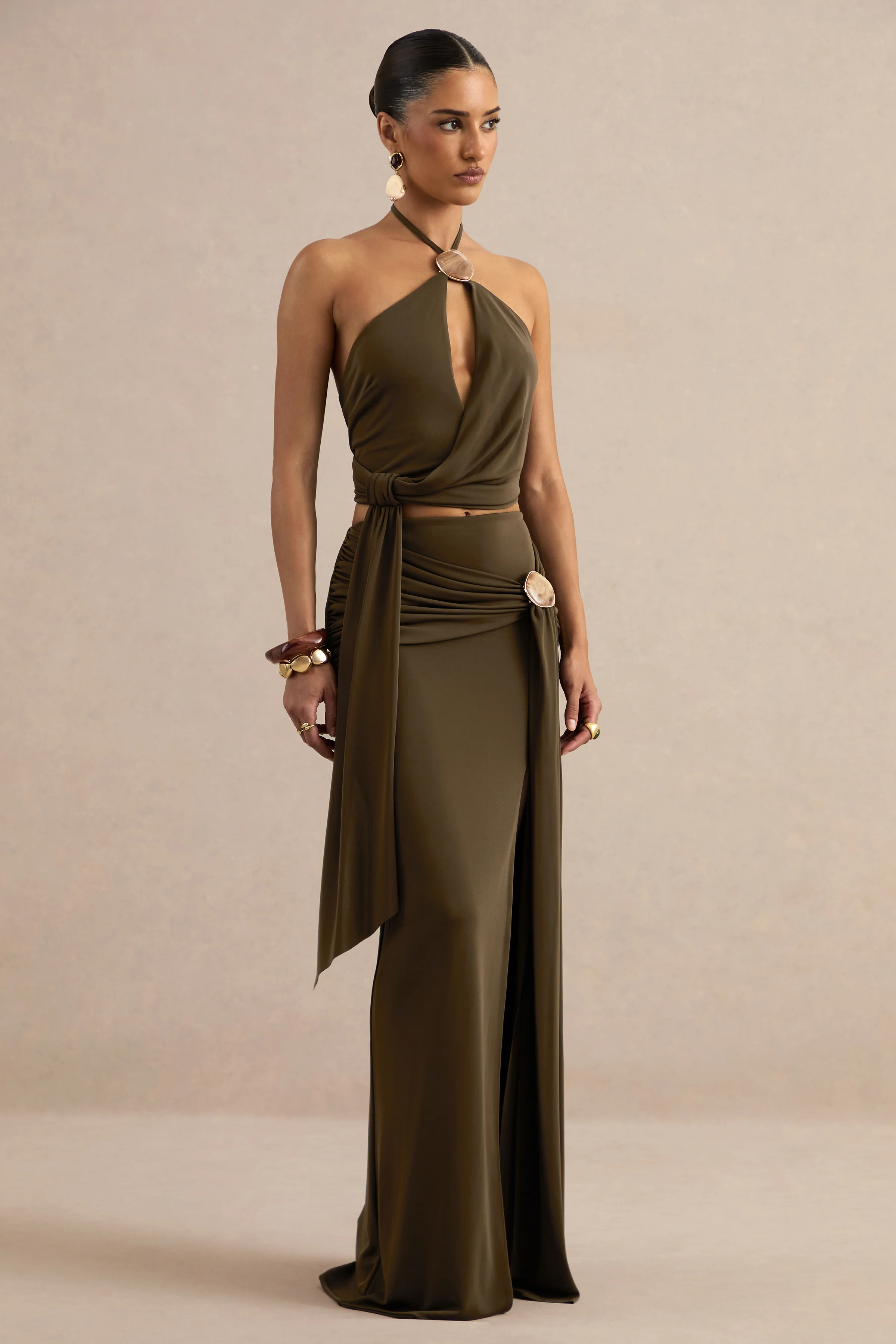 Liviana | Khaki Maxi Skirt With Gathered Detailing And Gold Detail