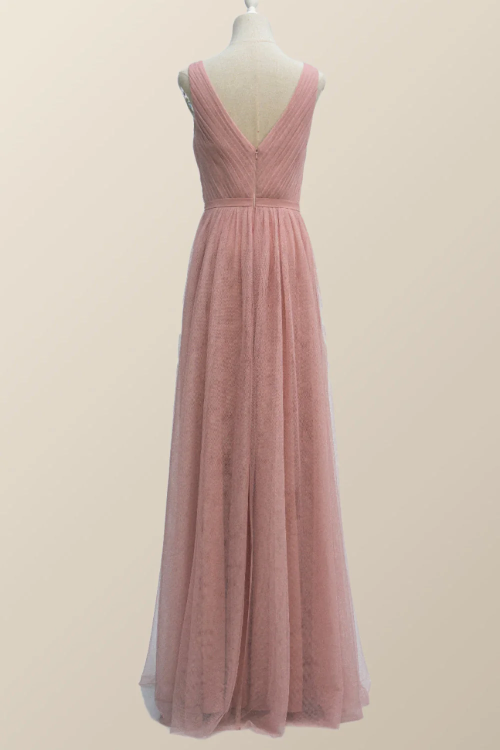 V Neck Plush Pink Tulle Long Bridesmaid Dress