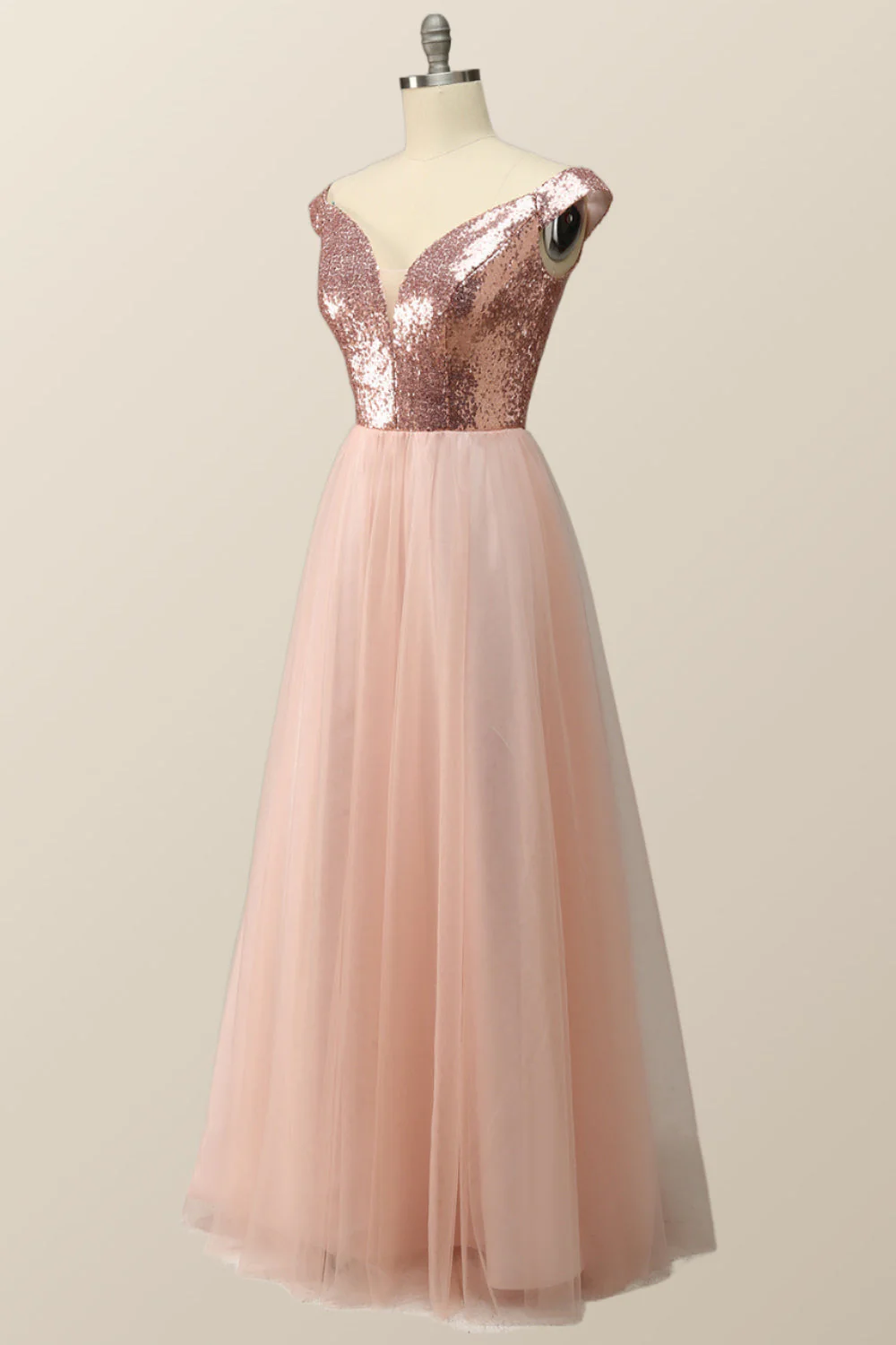 Off the Shoulder Rose Gols Sequin and Tulle Long Party Dress