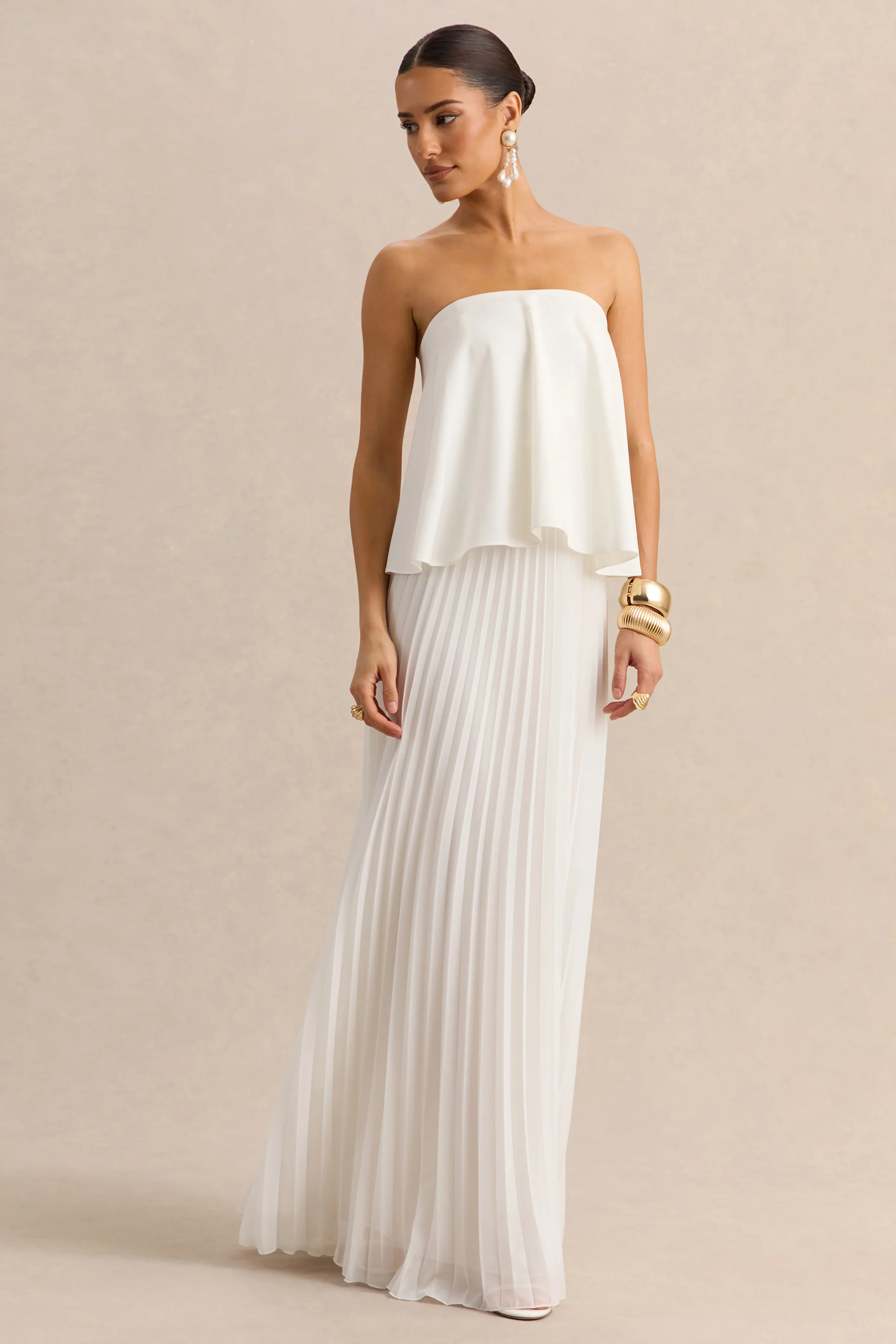 Saralyn White Bandeau Maxi Dress With Pleated Skirt