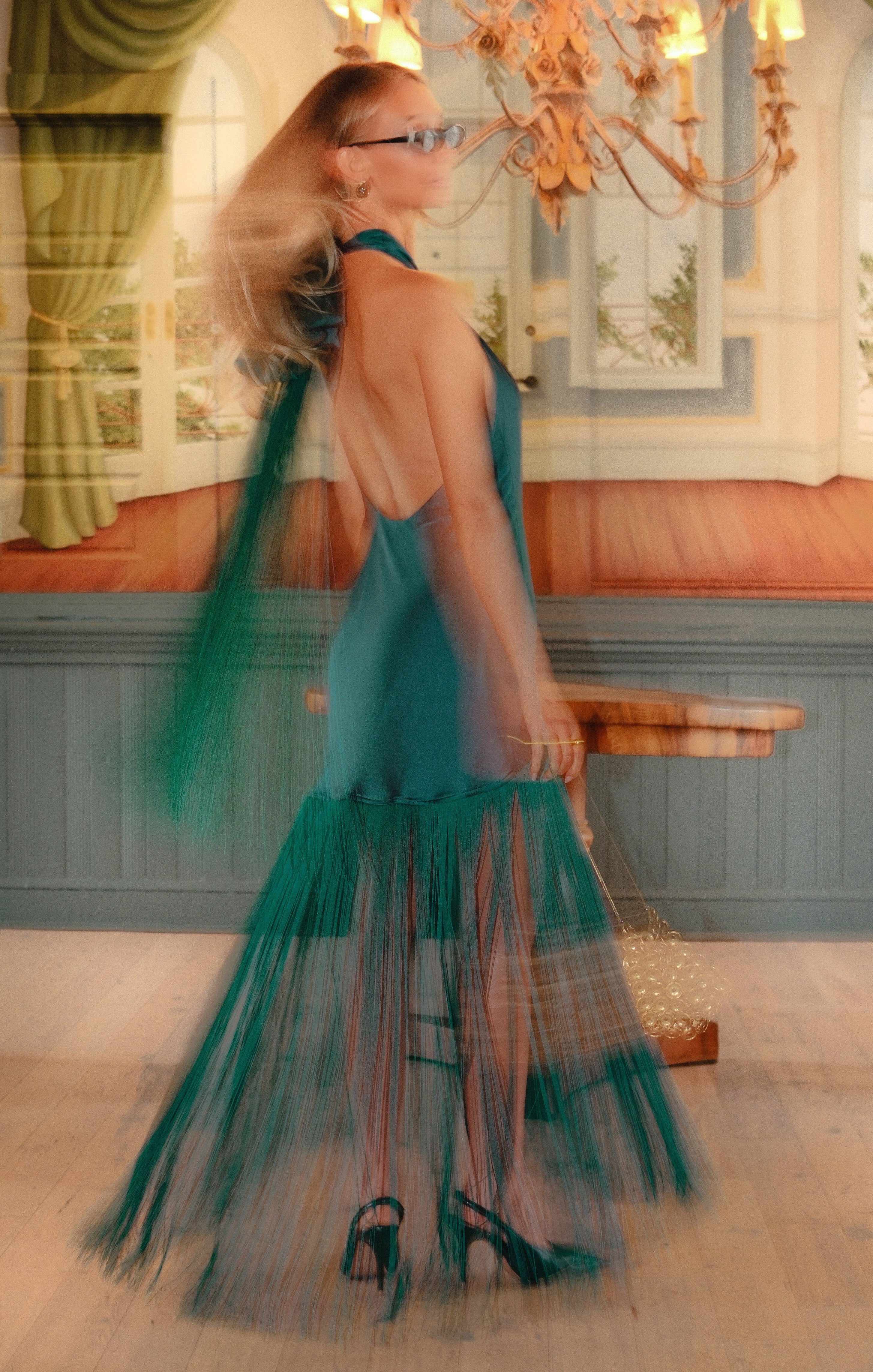 Jasmine Fringe Maxi Dress ~ Emerald Luxe Satin