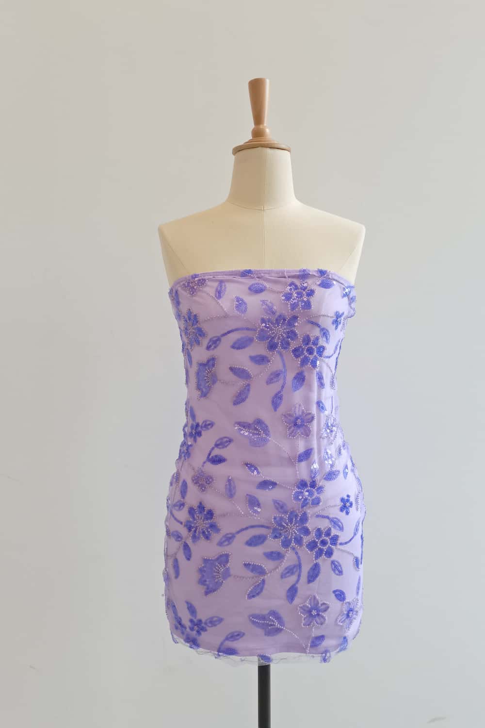 Strapless Purple Beaded Flowers Tight Short Dress