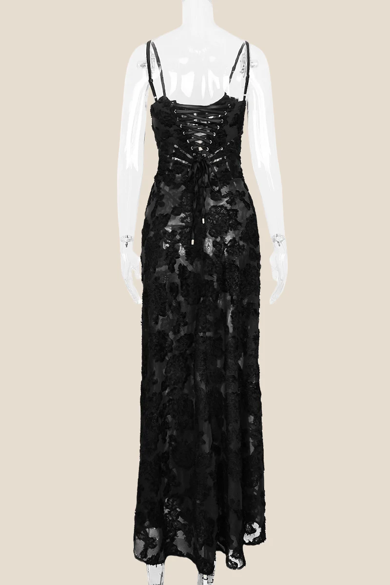 Straps Black Sheer Lace Long Dress