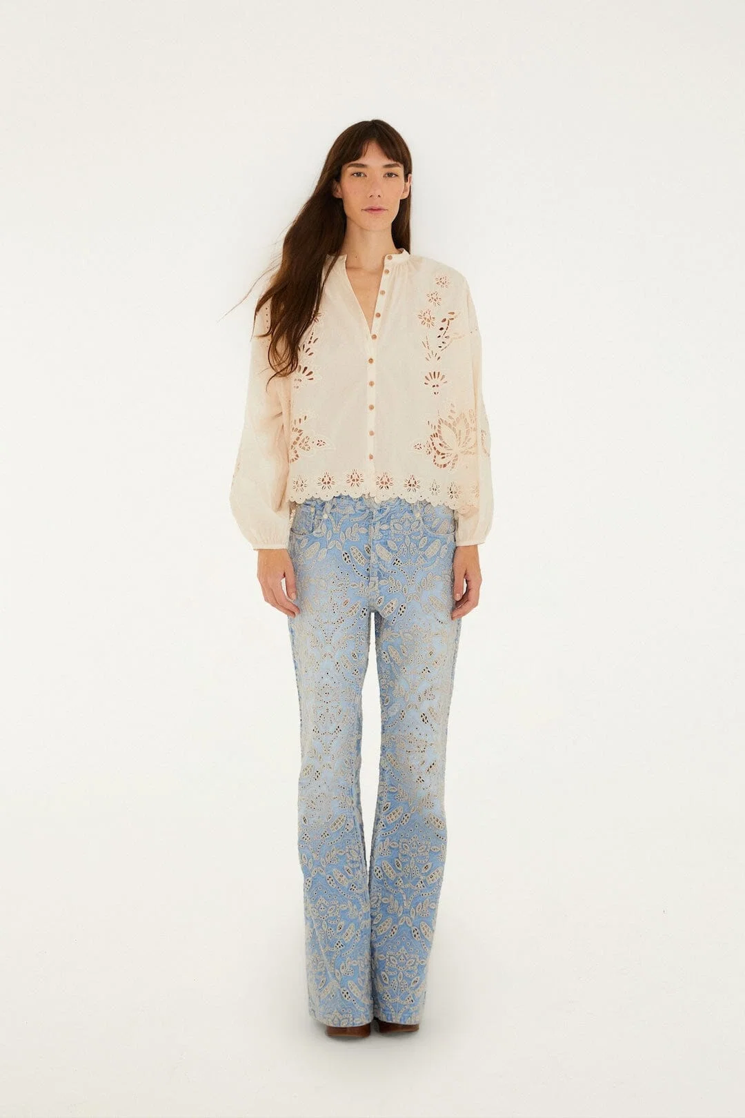 Denim Eyelet Pockets Flare Pants