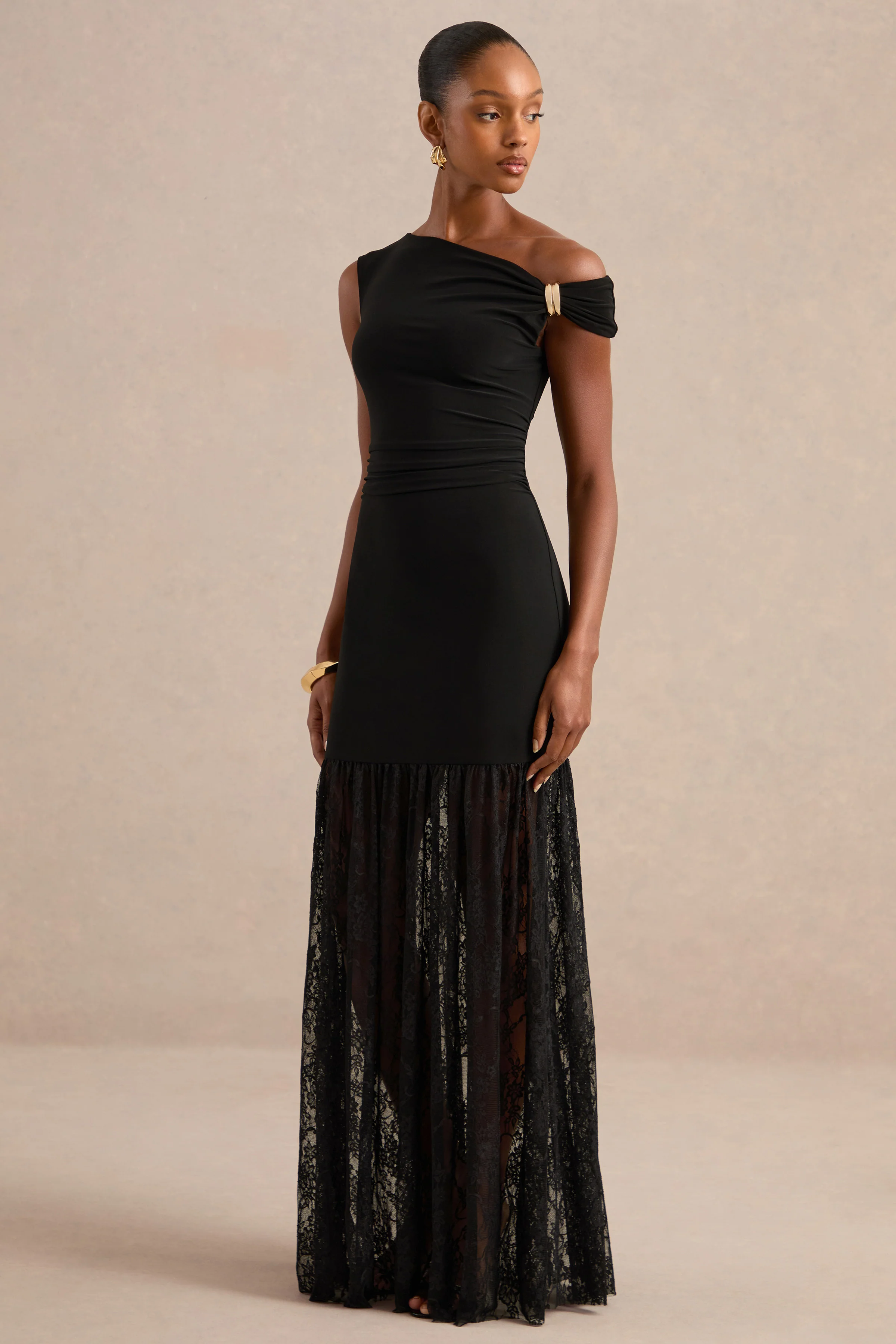 Iolana | Black Jersey One Shoulder Maxi Dress With Lace Skirt and Gold Detailing