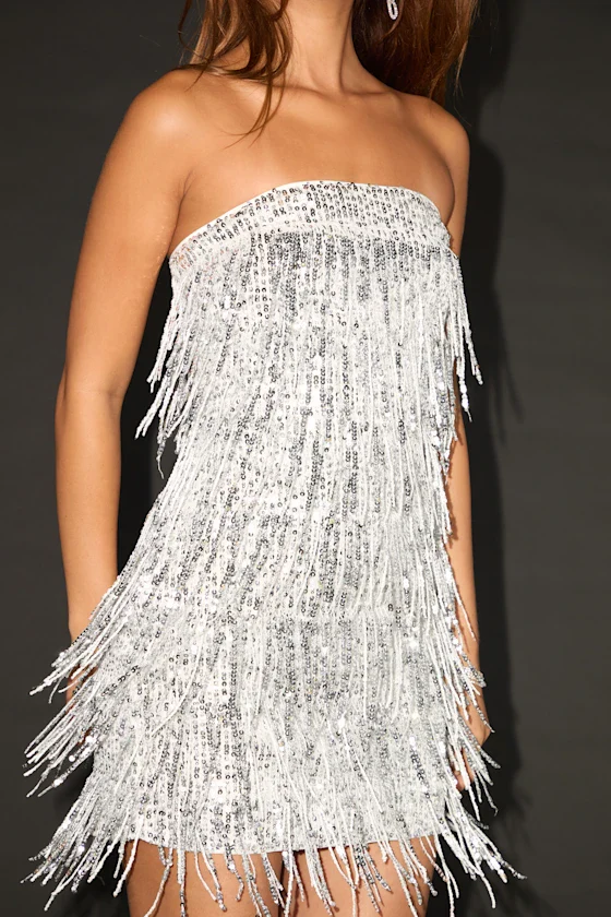 Shanelle Silver Sequin Fringe Strapless Mini Dress