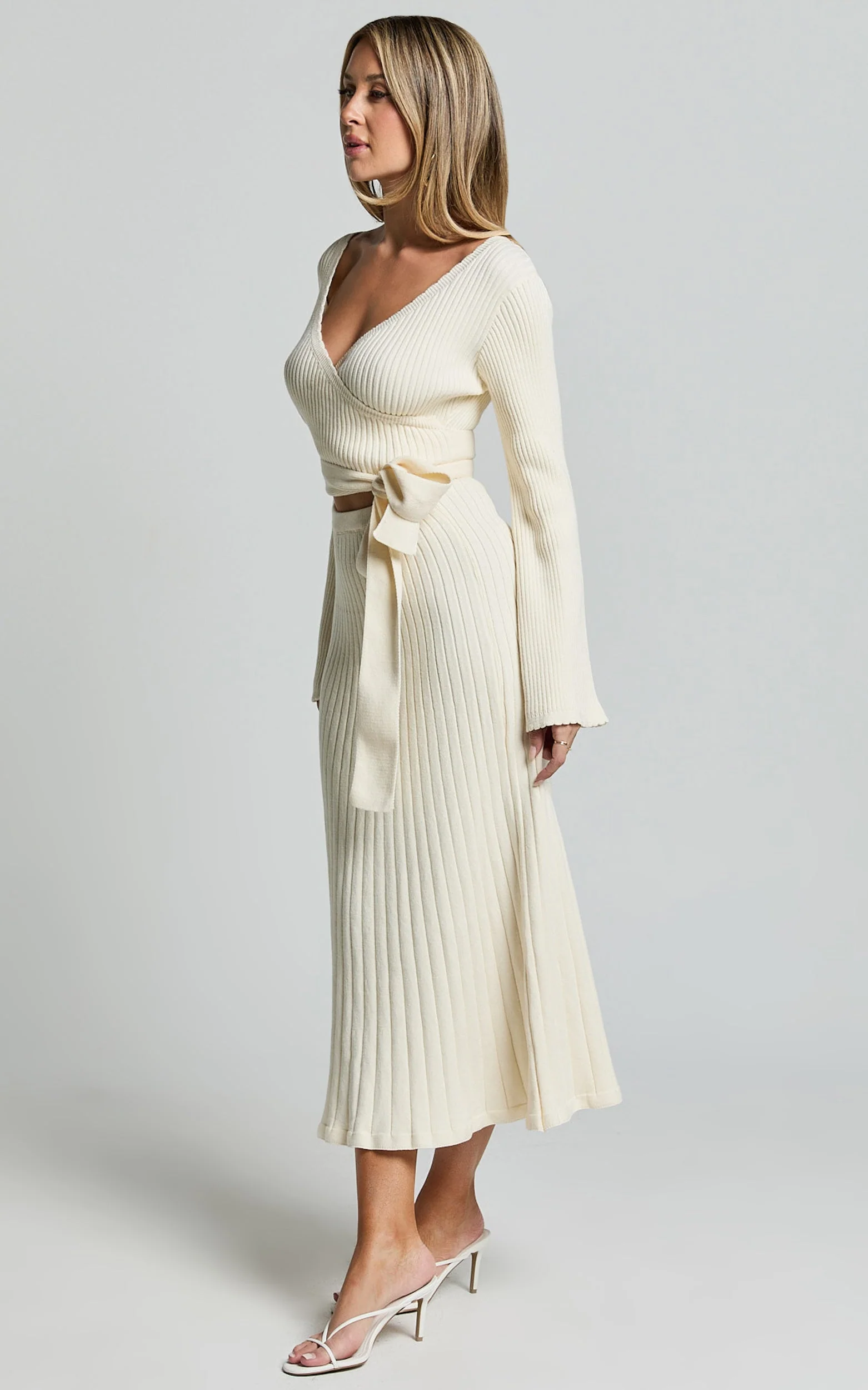 Andreia Midi Dress - Knitted Wrap Long Sleeve Dress in Cream