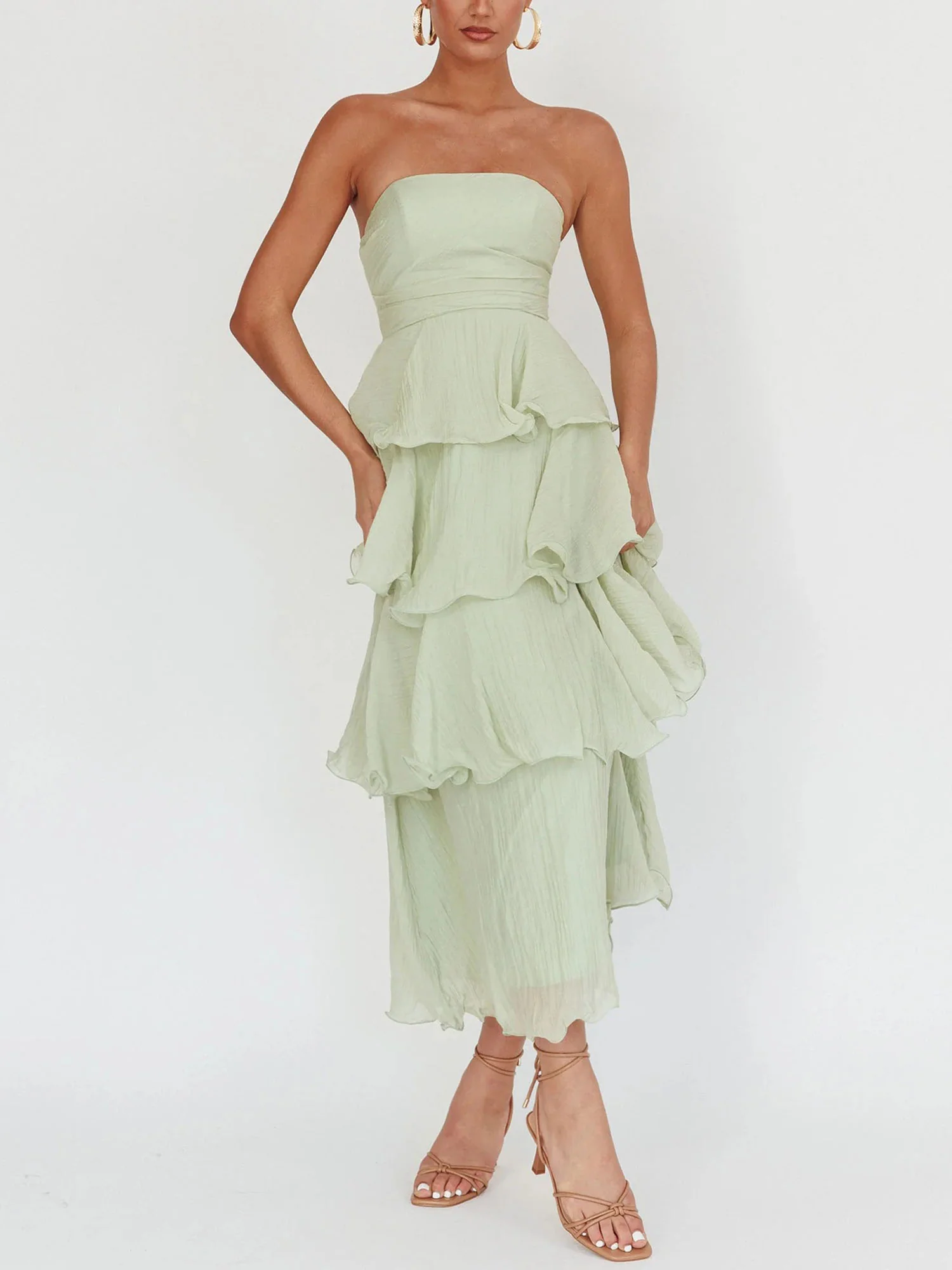 Light Green Strapless Tiered Midi Dress