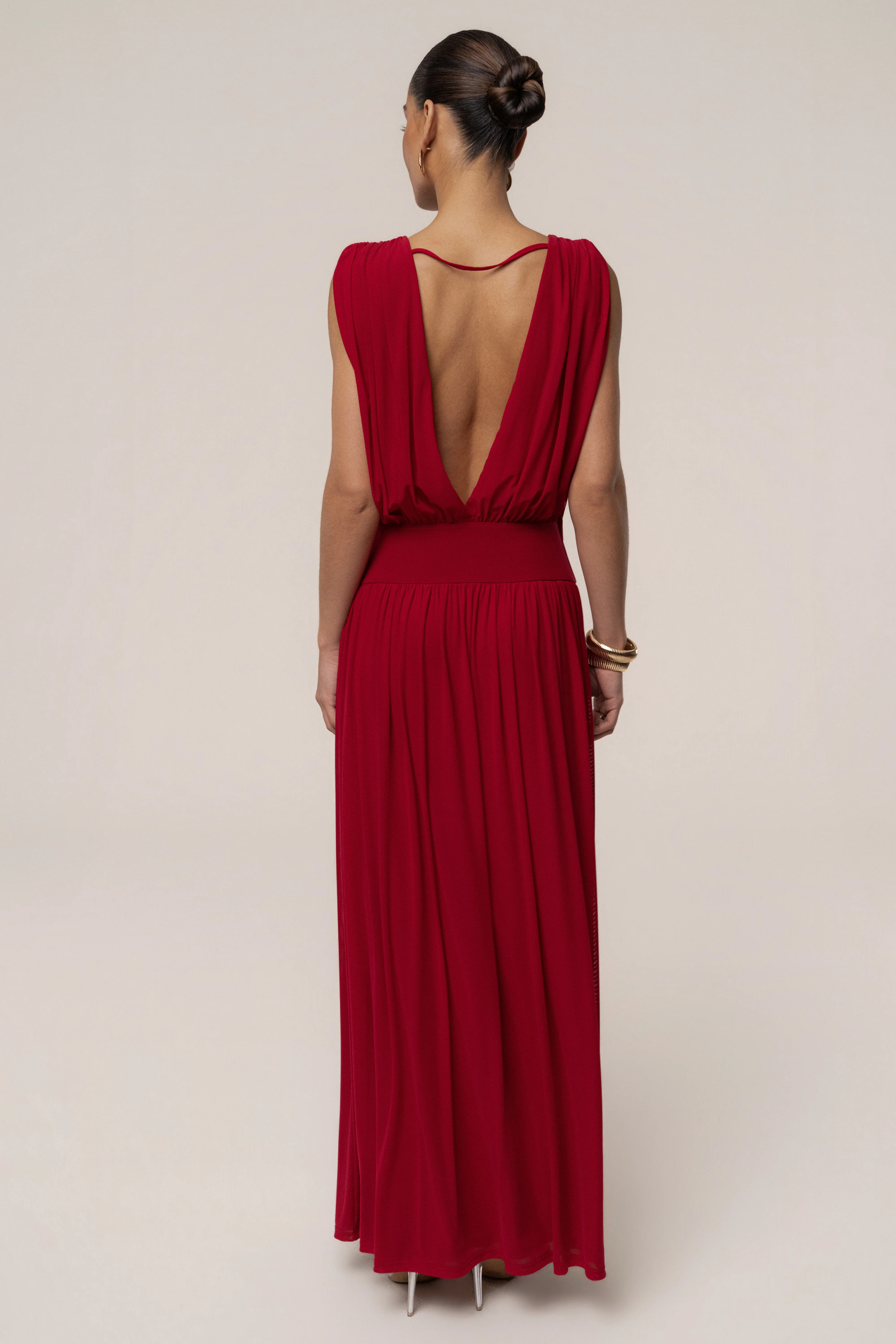 Red Evening Flow Draped Maxi Dress