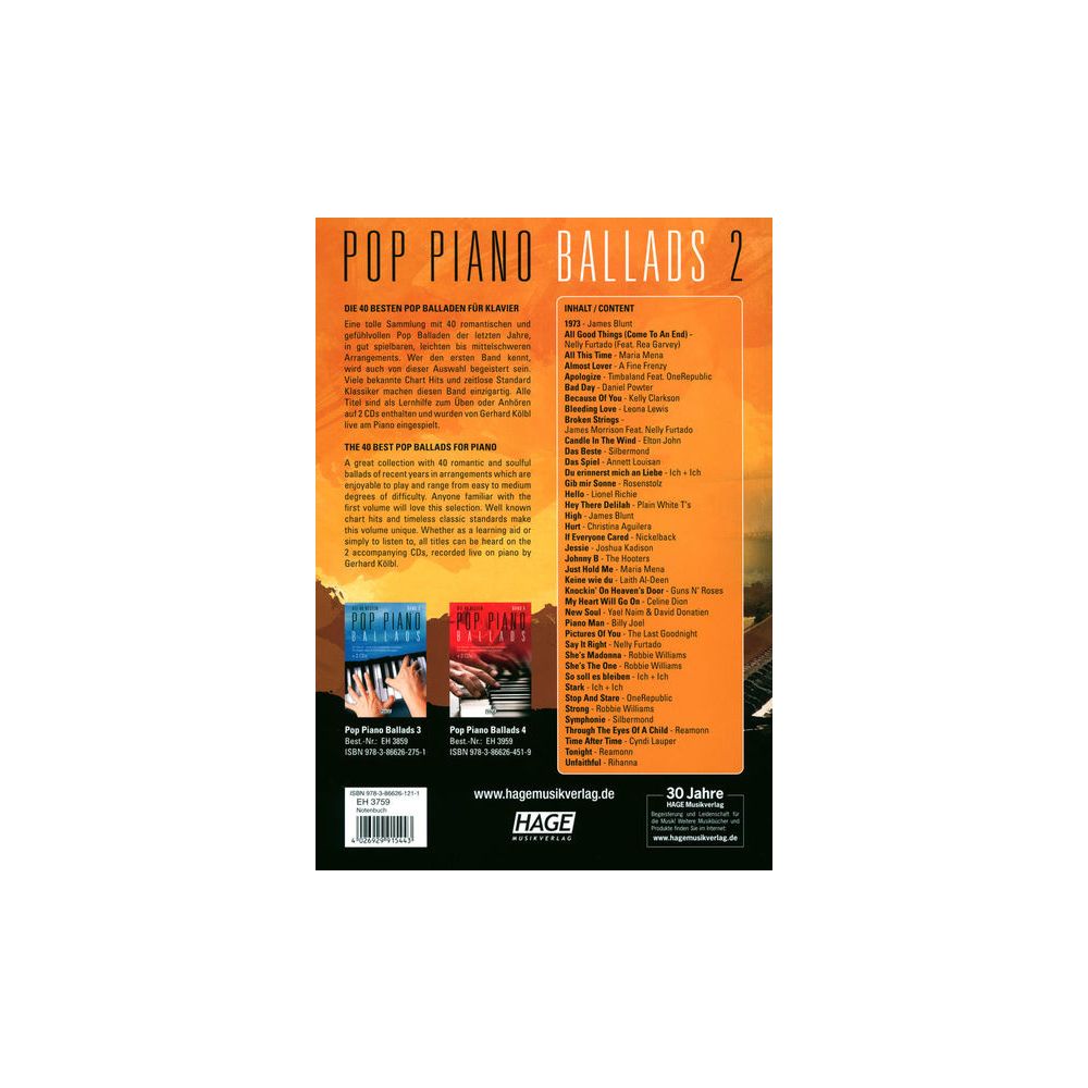 Hage Musikverlag Pop Piano Ballads 2 – Thomann Ireland