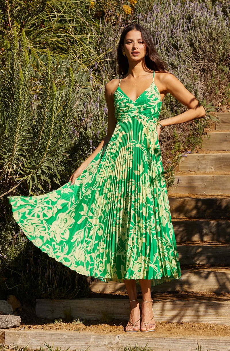 Blythe Floral Plisse Midi Dress-Green lime floral