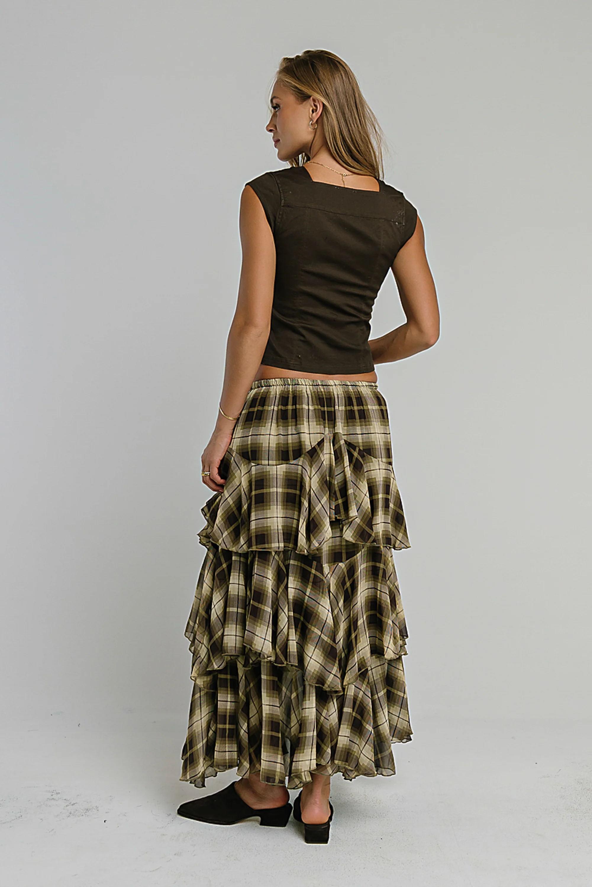 Allyson Plaid Ruffle Midi Skirt