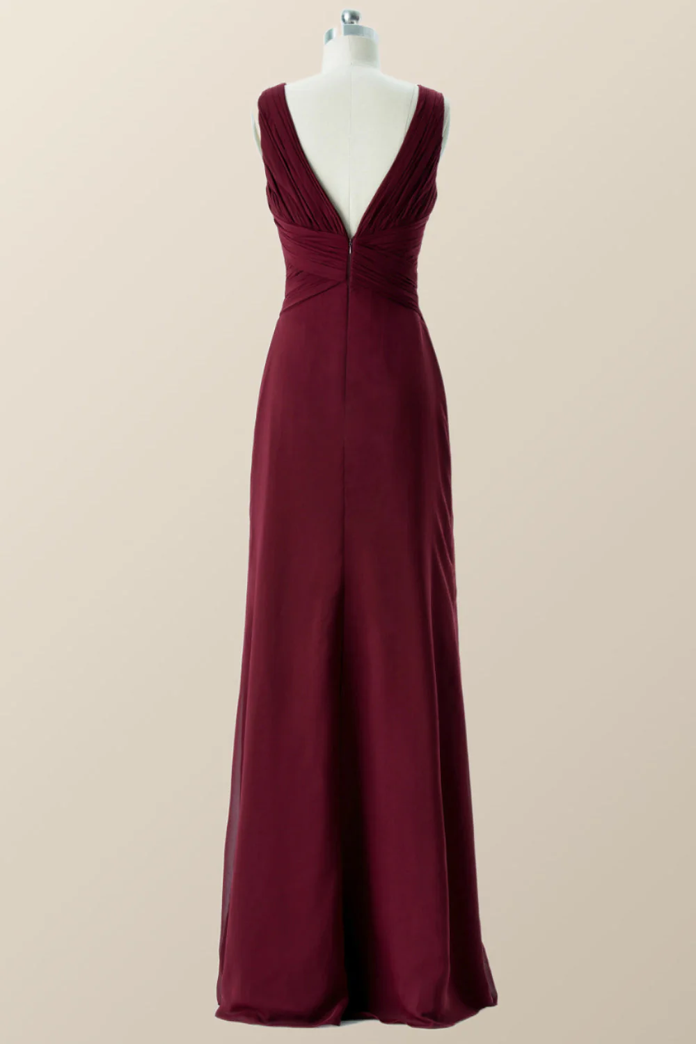 Pleated Burgundy Chiffon Long Bridesmaid Dress