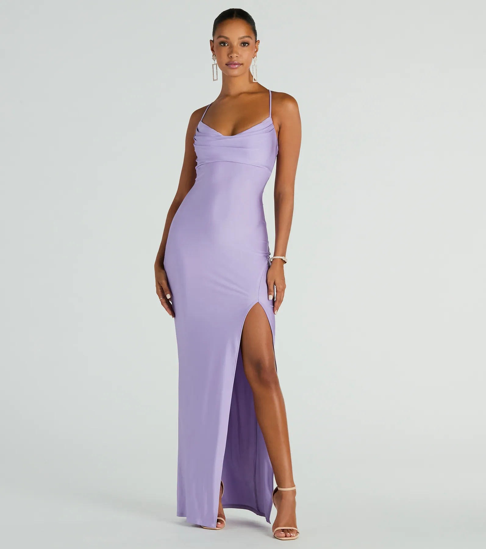Natalie Cowl Neck Lace-Up Slit Column Dress